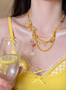 蜜糖杏雨~黄色蝴蝶叠戴串珠项链女高级感小众设计锁骨链颈链新款