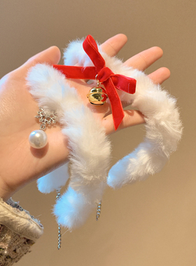 圣诞节红色蝴蝶结铃铛毛绒项链