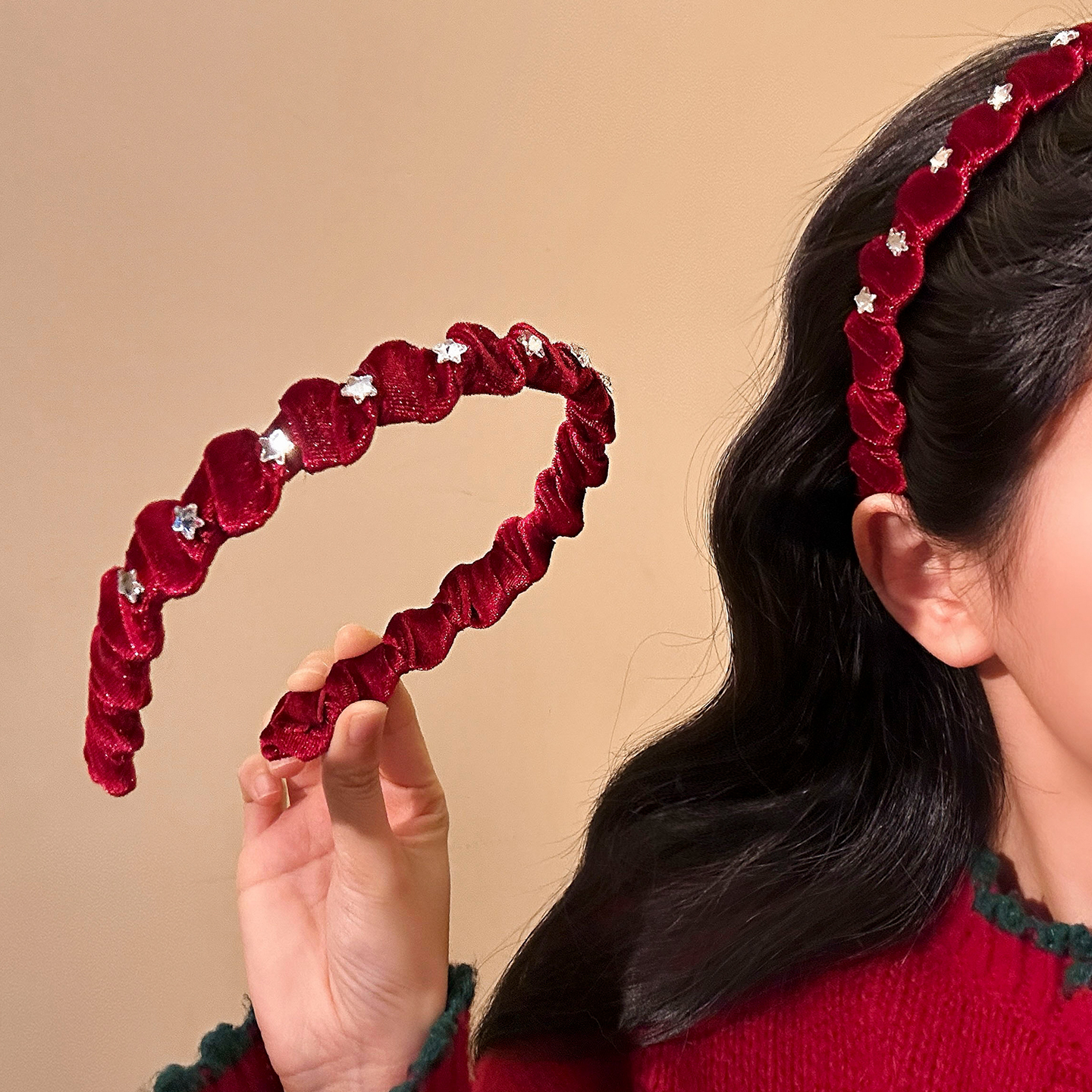 重工红色星星水钻丝绒发箍