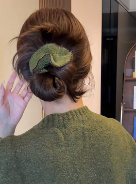 韩系绿色毛线针织兔毛大肠发圈扎头女高级感丸子头秋冬头绳发饰