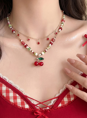 甜美红色樱桃串珠叠戴项链高级感
