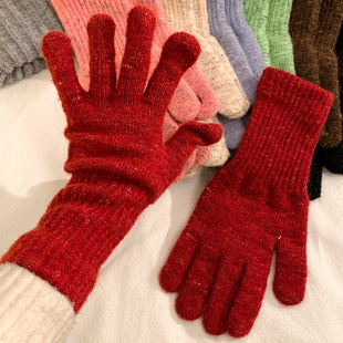 韩系红色毛线针织五指手套女冬季保暖毛绒防风防寒骑行触屏圣诞节