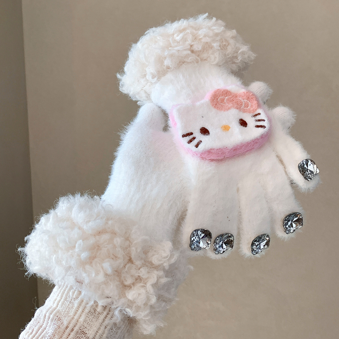 甜美百搭Kitty水钻针织五指手套女冬季保暖毛绒防风防寒骑行可爱