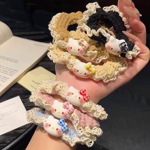 可爱Kitty蕾丝针织小肠发圈女卡通百搭头绳扎头高马尾高弹力发饰