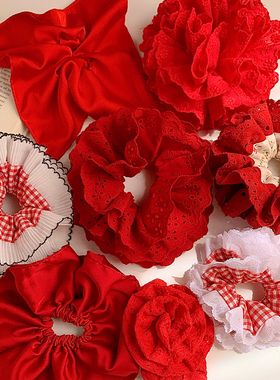 韩系红色格子蕾丝缎面方巾大肠发圈女高级感丸子头超大号发饰头绳