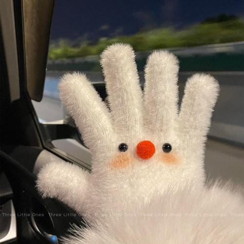 白色小雪人针织毛绒分指手套