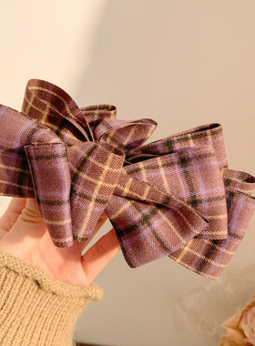 紫色格子蝴蝶结香蕉扭扭夹女高级感发夹后脑勺马尾竖夹百搭头饰