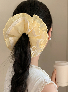 奶黄色蕾丝花边大肠发圈女高级感洛丽塔风发饰丸子头扎马尾头绳