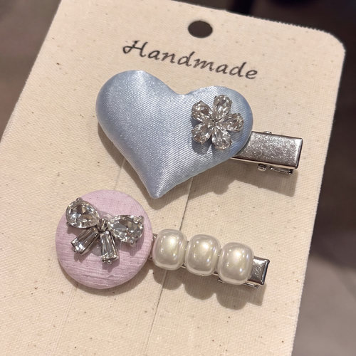 韩系蓝色爱心水钻花朵蝴蝶结发夹