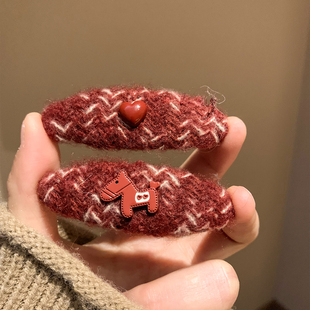 气质复古红色小马爱心针织发夹女高级感新年头饰碎发刘海侧边夹