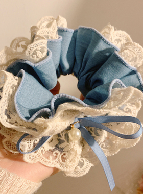 夏日限定~蓝色牛仔蝴蝶结蕾丝大肠发圈女扎头发大号头绳韩系发饰