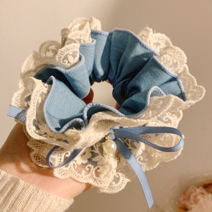 夏日限定 蓝色牛仔蝴蝶结蕾丝大肠发圈女扎头发大号头绳韩系发饰