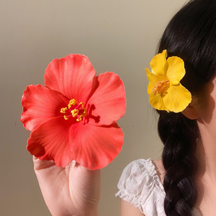 海边度假氛围感红色扶桑花发夹女森系夏威夷风发饰碎发刘海鸭嘴夹