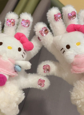 粉色水钻美甲Kitty手套女冬季毛绒加厚学生保暖可爱防寒防冻骑行