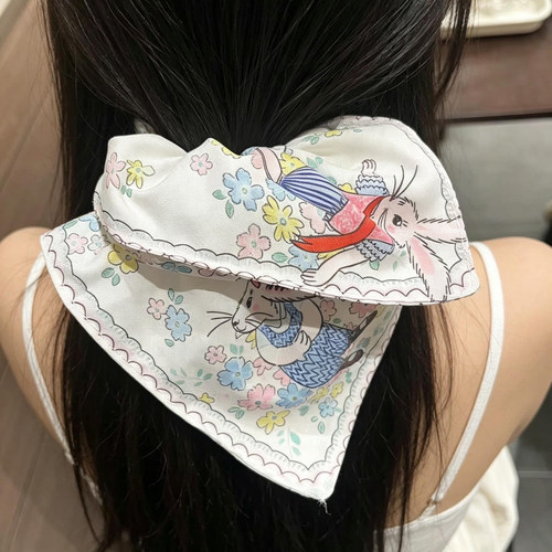 可爱兔子印花方巾大肠发圈卡通女