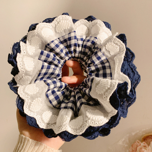 初绪物集 高级感重工头饰超大发绳 藏青色格子蕾丝大肠发圈女法式