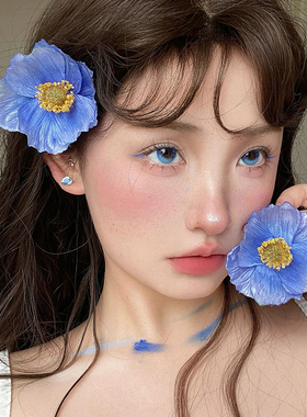 清冷感蓝色虞美人花朵发夹女高级感边夹侧边夹子度假拍照发卡头饰