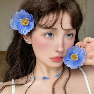 清冷感蓝色虞美人花朵发夹女高级感边夹侧边夹子度假拍照发卡头饰