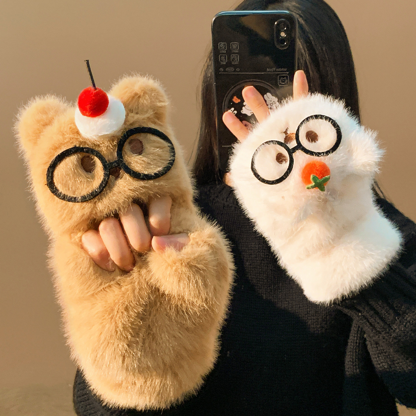 可爱眼镜小熊翻盖毛绒手套女冬季保暖加绒加厚防寒防冻学生写字,服饰配件/皮带/帽子/围巾,手套,淘宝优惠券,粉丝福利购,淘宝优惠卷