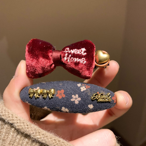 红色蝴蝶结碎花发夹边夹女侧边