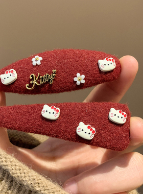 新年红色Kitty猫毛呢发夹边夹侧边女韩系可爱头饰百搭碎发刘海夹