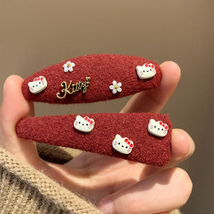 新年红色Kitty猫毛呢发夹边夹侧边女韩系可爱头饰百搭碎发刘海夹