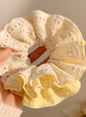 晨阳云朵~黄色格子蕾丝大肠发圈韩系高级感头饰扎头发丸子头发绳