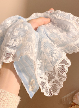 蓝色条纹花朵蕾丝方巾大肠发圈女高级感温柔百搭发饰超大方形头绳