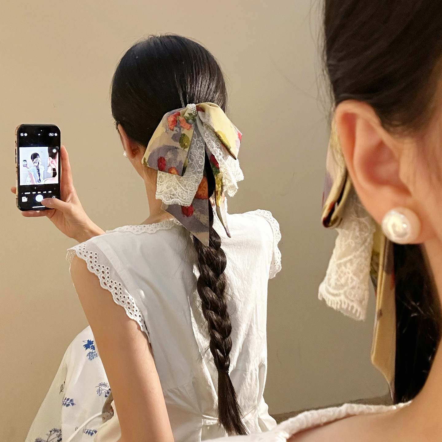 油画风蕾丝蝴蝶结马尾抓夹