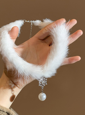 毛绒绒~白色水貂毛珍珠雪花项链