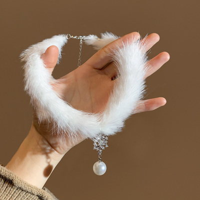 毛绒绒~白色水貂毛珍珠雪花项链