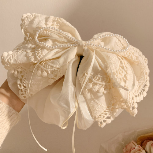 法式温柔米色珍珠蕾丝蝴蝶结抓夹