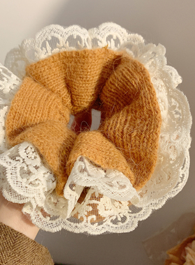 高级感黄色毛线蕾丝边大肠发圈女复古气质头绳超大秋冬发饰扎头发