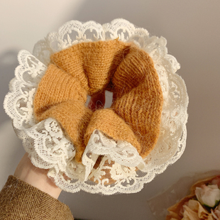 高级感黄色毛线蕾丝边大肠发圈女复古气质头绳超大秋冬发饰扎头发