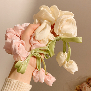 粉色缎面郁金香花朵大肠发圈女高级感大号丸子头发饰温柔百搭头饰