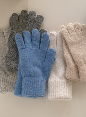 海盐风味的蓝色针织毛线兔毛五指手套女冬季加厚骑行保暖防风防寒