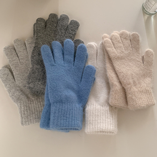 海盐风味的蓝色针织毛线兔毛五指手套女冬季加厚骑行保暖防风防寒