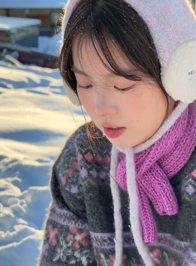 复古甜美紫色毛线针织系带耳罩女冬季毛绒保暖加厚防寒护耳包耳暖