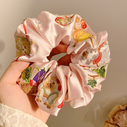 少女奶兔~粉色缎面重工刺绣大肠发圈女高级感法式扎马尾头绳发饰