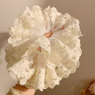超仙珍珠蕾丝大肠发圈 白色刺绣温柔花边发绳扎头发超大头饰新款