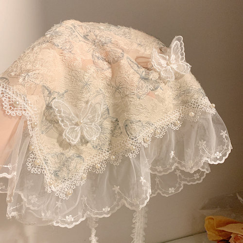 薄雾精灵~重工超仙森系蝴蝶蕾丝三角巾头巾女法式复古海边田园风