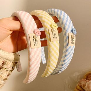 小清新可爱粉色纽扣条纹发箍女洗脸日常外戴发饰压发头箍春季 新款
