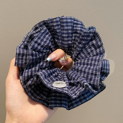 韩系文艺藏蓝色格子大肠发圈女高级感慵懒风头饰丸子头大号发绳