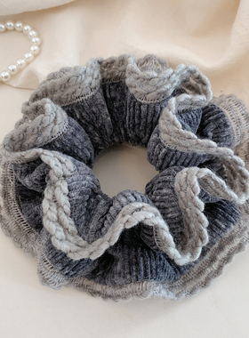 复古灰色双层毛线针织大肠发圈女高级感丸子头发饰扎头发超大头绳