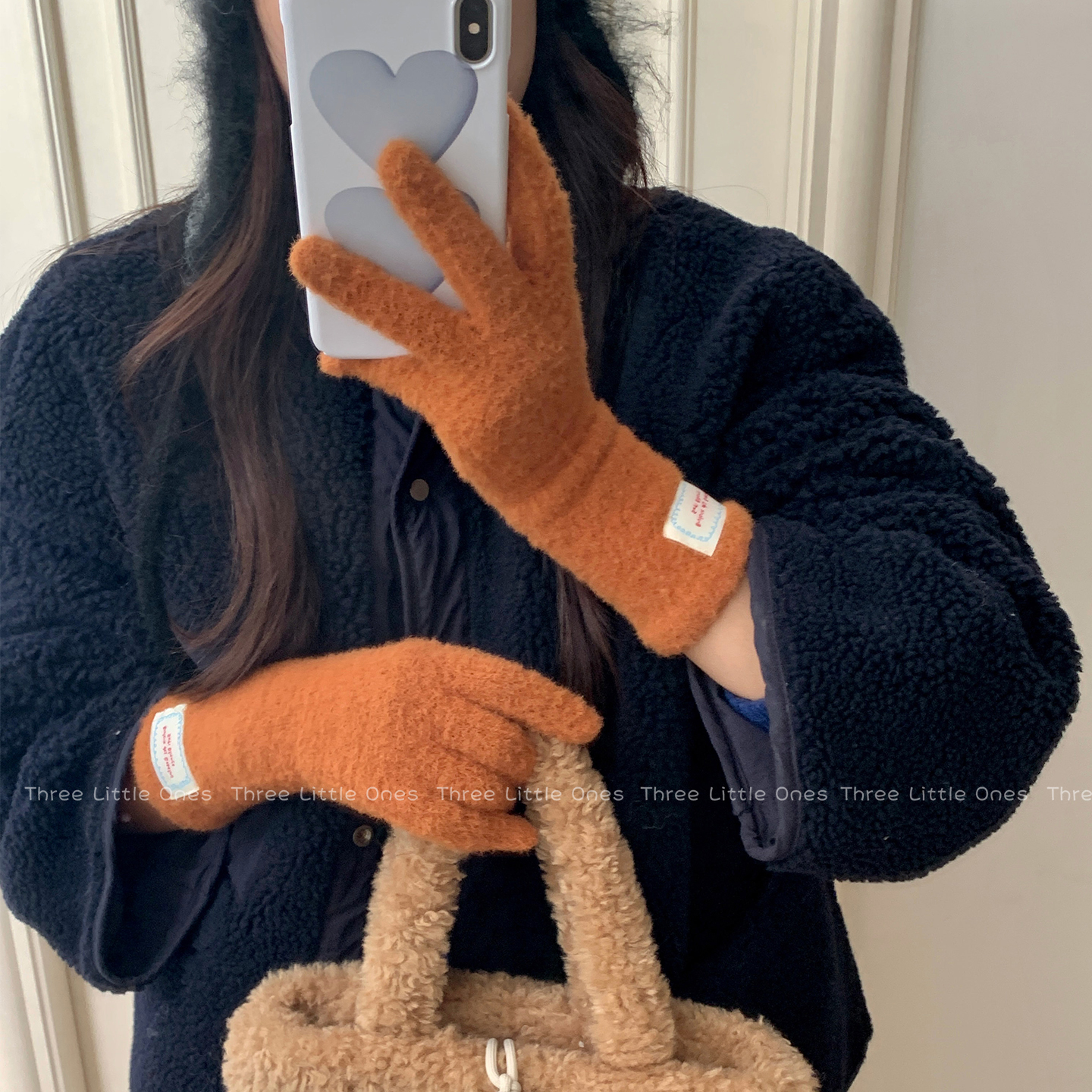 韩系毛绒五指手套御寒可触屏女士