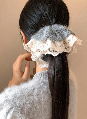灰色水貂毛针织蕾丝大肠发圈女韩系百搭毛线头绳扎头发丸子头发饰