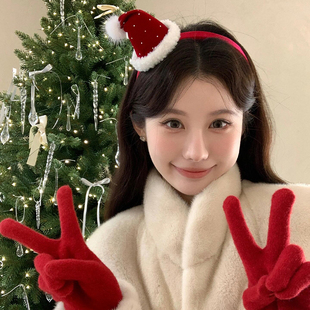 叮叮当~圣诞节烫钻红色帽子发箍女派对拍照道具洗脸头饰头箍新年