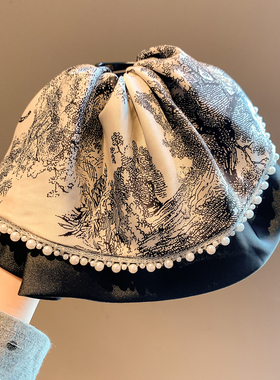 新中式水墨印花缎面珍珠马尾抓夹女后脑勺发夹高级感半扎发头饰