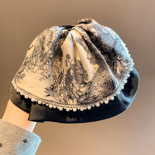 新中式水墨印花缎面珍珠马尾抓夹