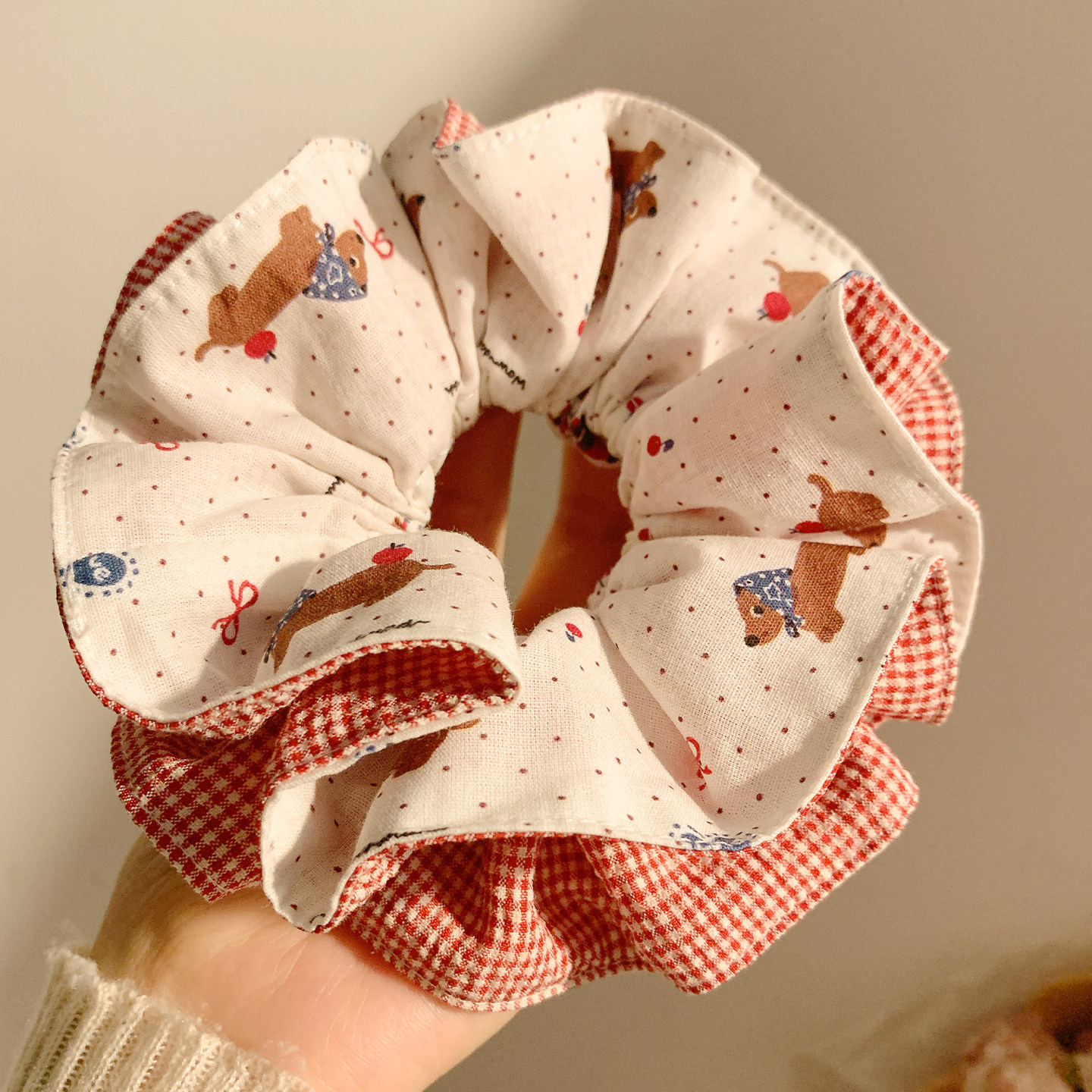 红色格子波点腊肠狗双层大肠发圈